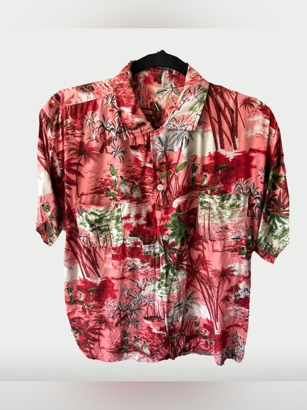 Vintage Aloha Hawaiian Scenic Print Button Up, Salmon Red, Large